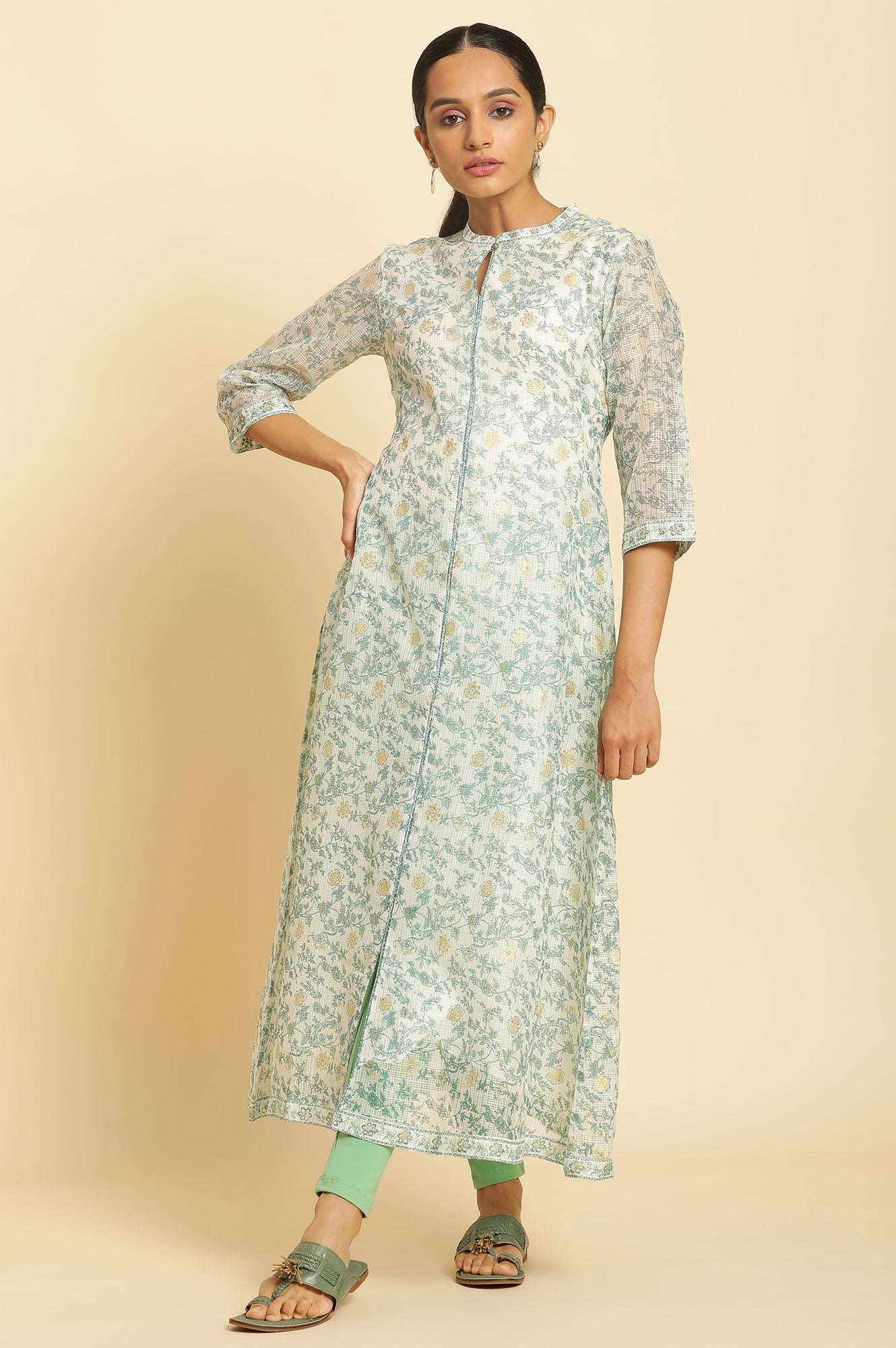 Ecru Kota Kurta with Green Floral Print - wforwoman