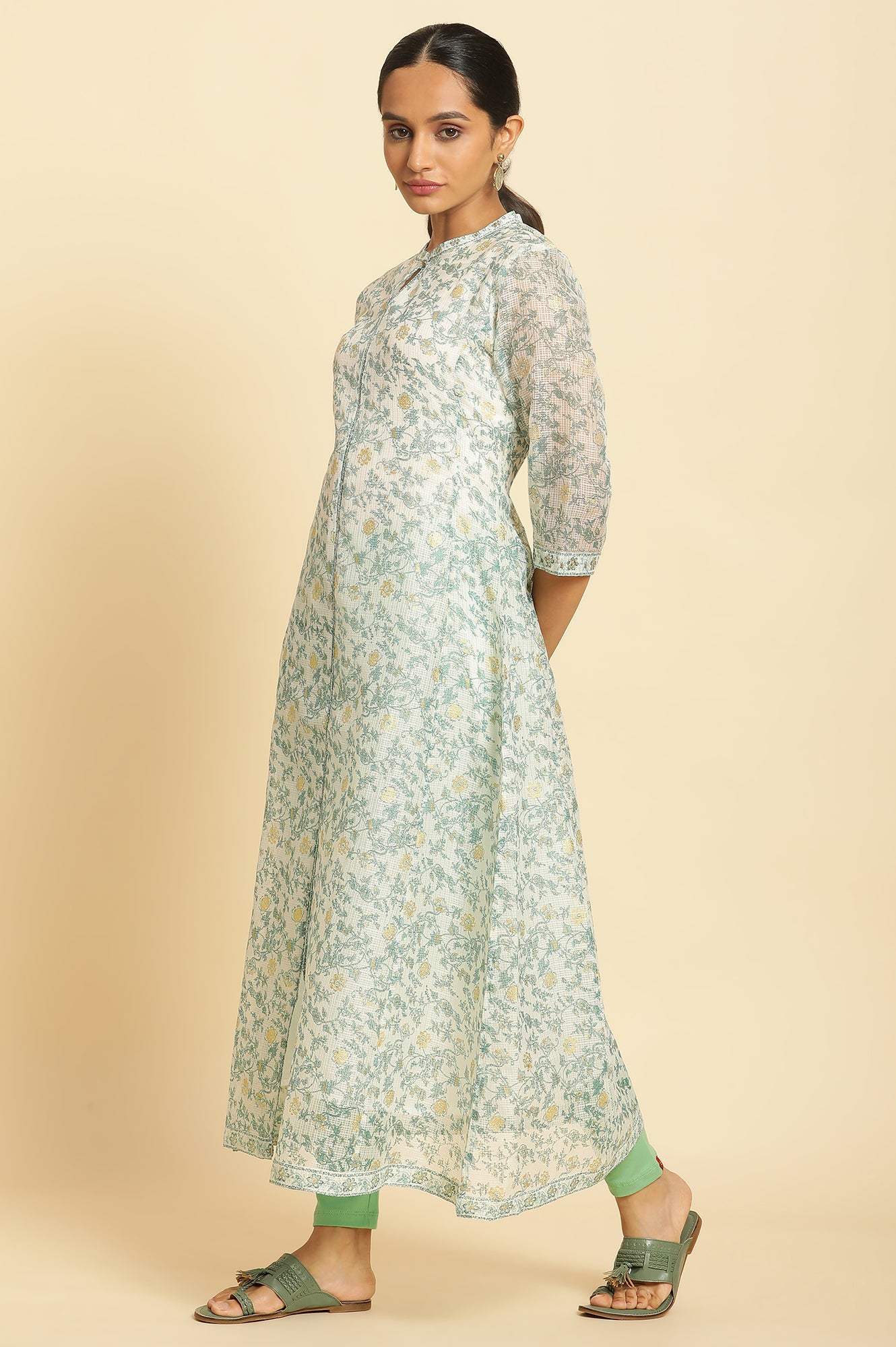 Ecru Kota Kurta with Green Floral Print - wforwoman