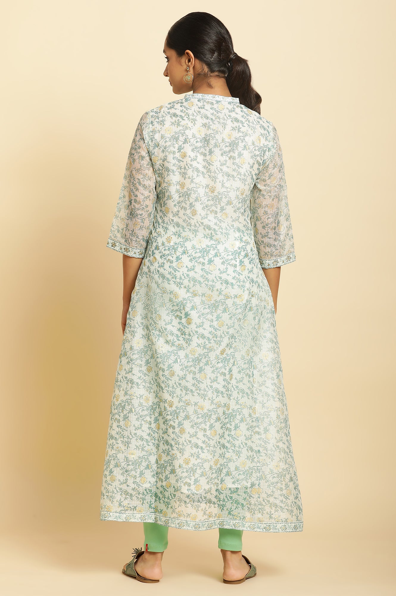 Ecru Kota Kurta with Green Floral Print - wforwoman