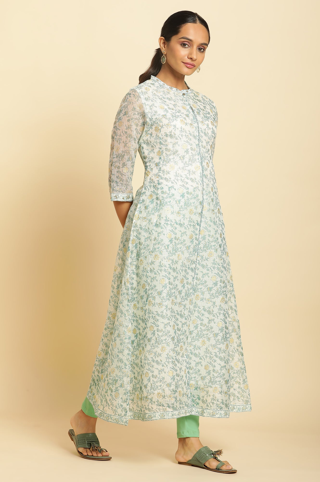 Ecru Kota Kurta with Green Floral Print - wforwoman