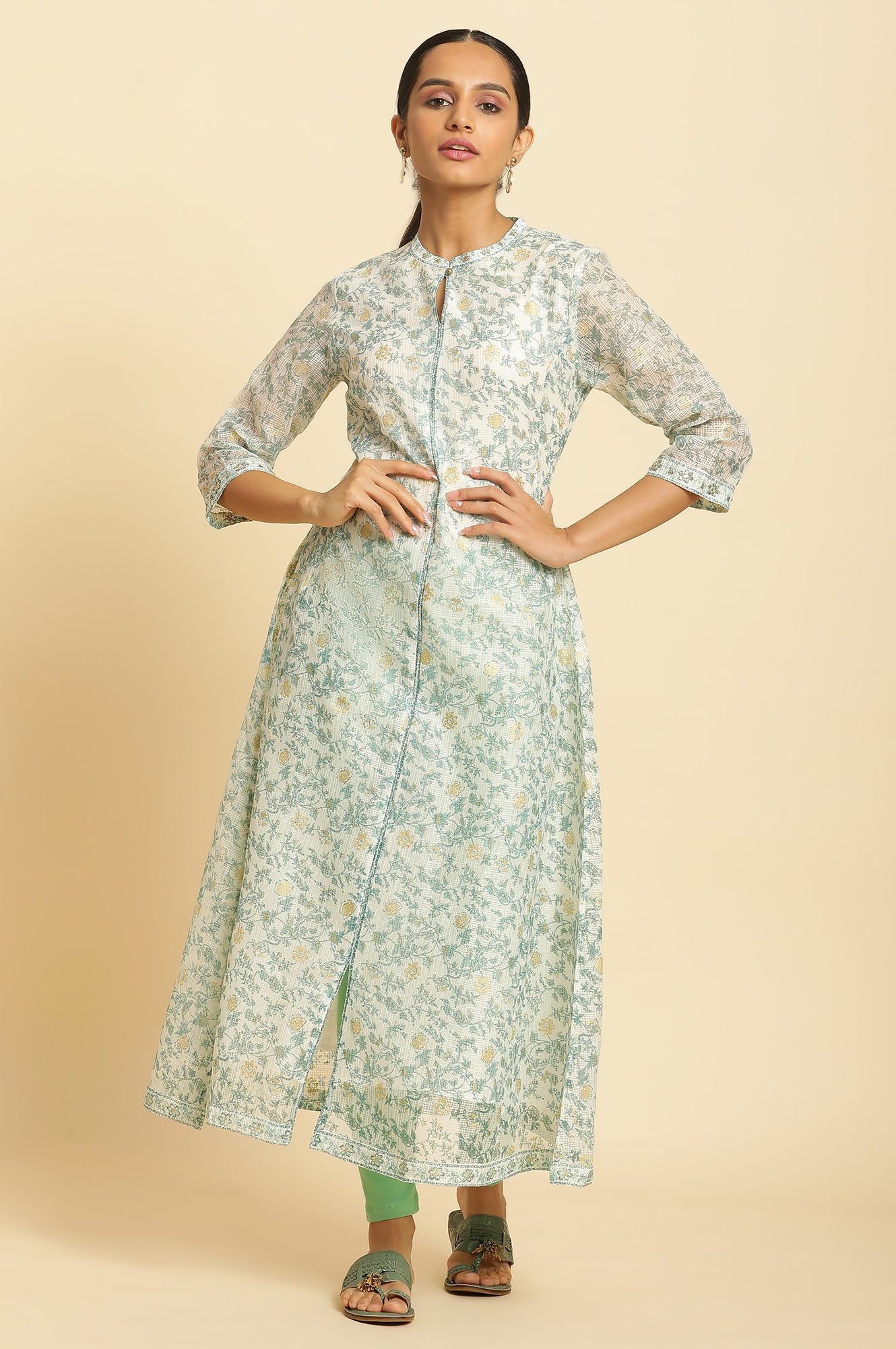 Ecru Kota Kurta with Green Floral Print - wforwoman