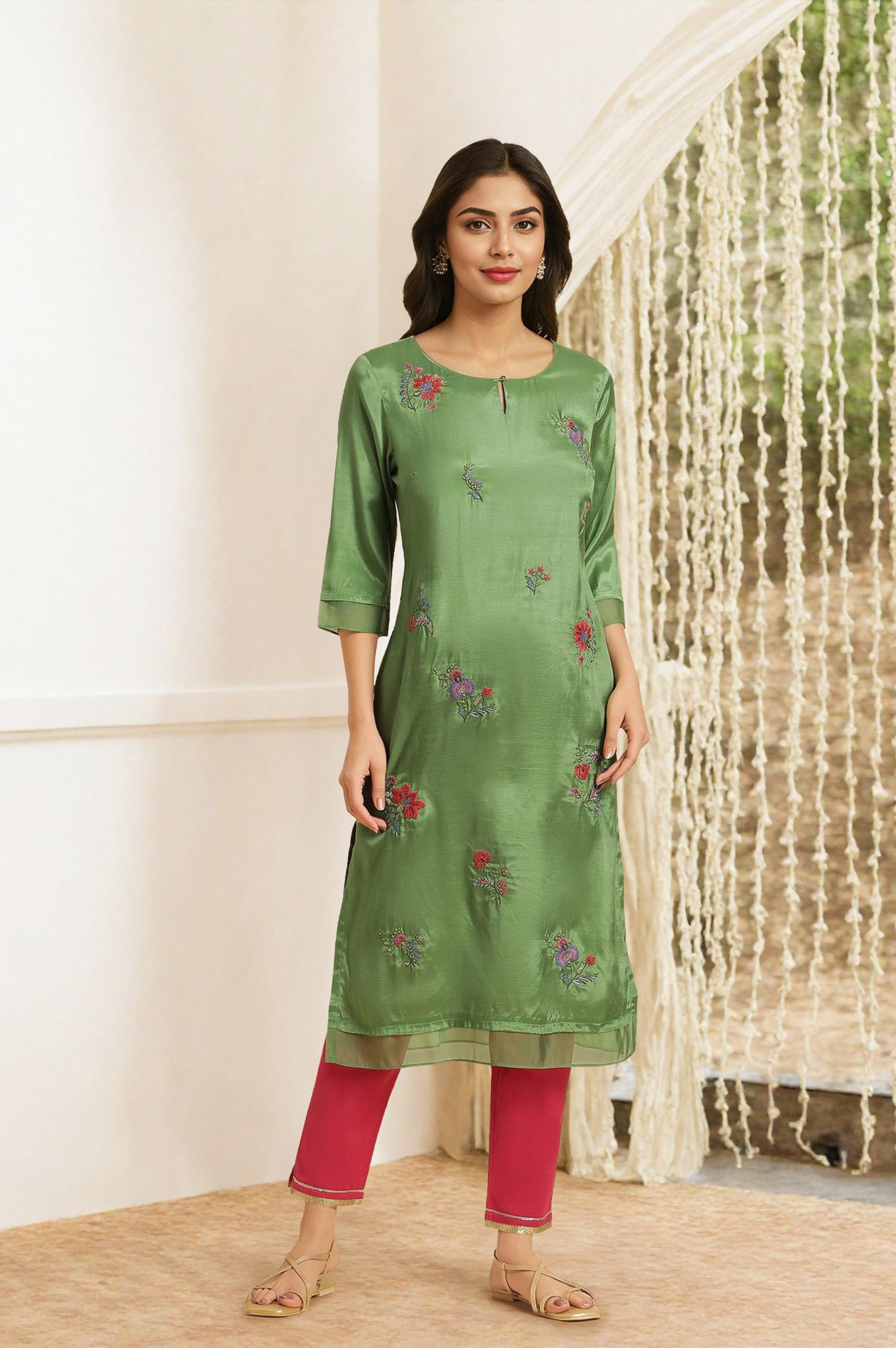 Green Embroidered Shantun Festive Kurta