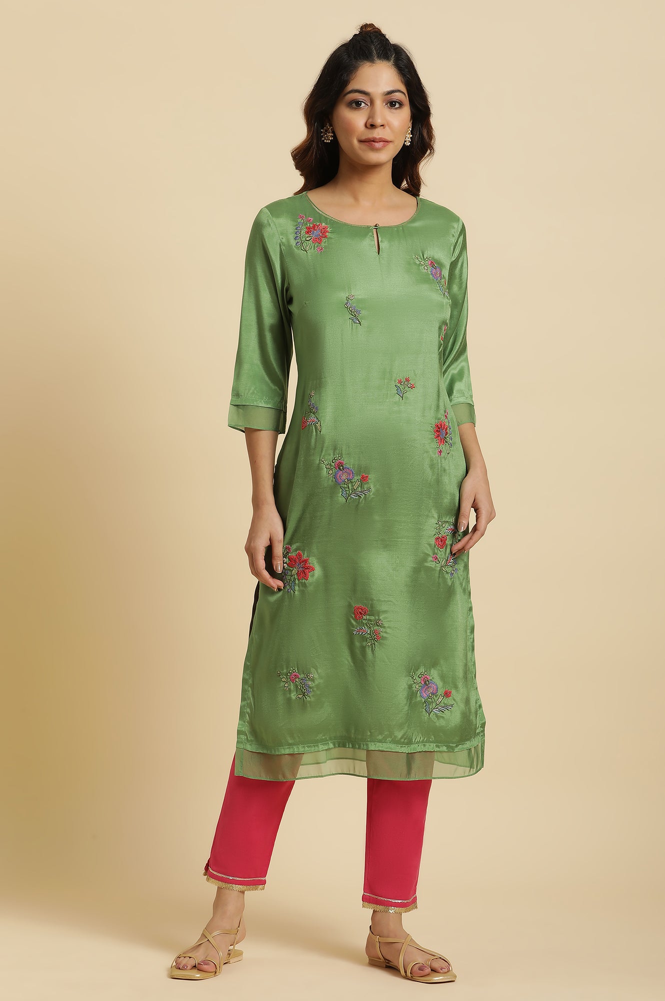 Green Embroidered Shantun Festive Kurta