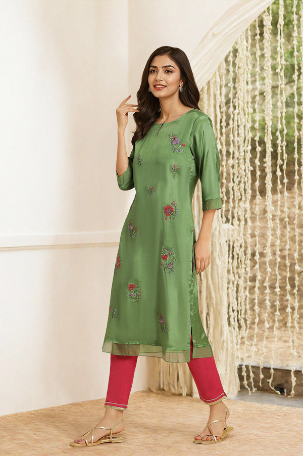 Green Embroidered Shantung Straight Festive Kurta