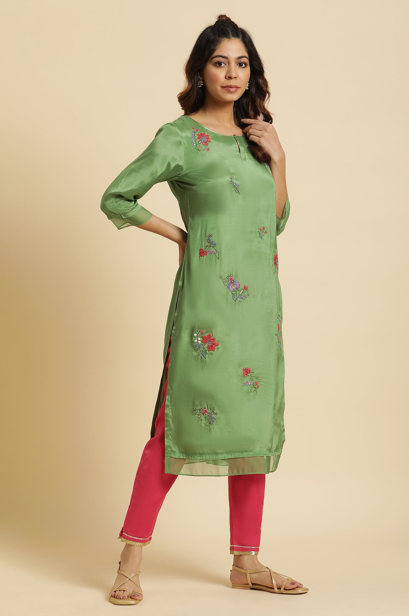 Green Embroidered Shantun Festive Kurta