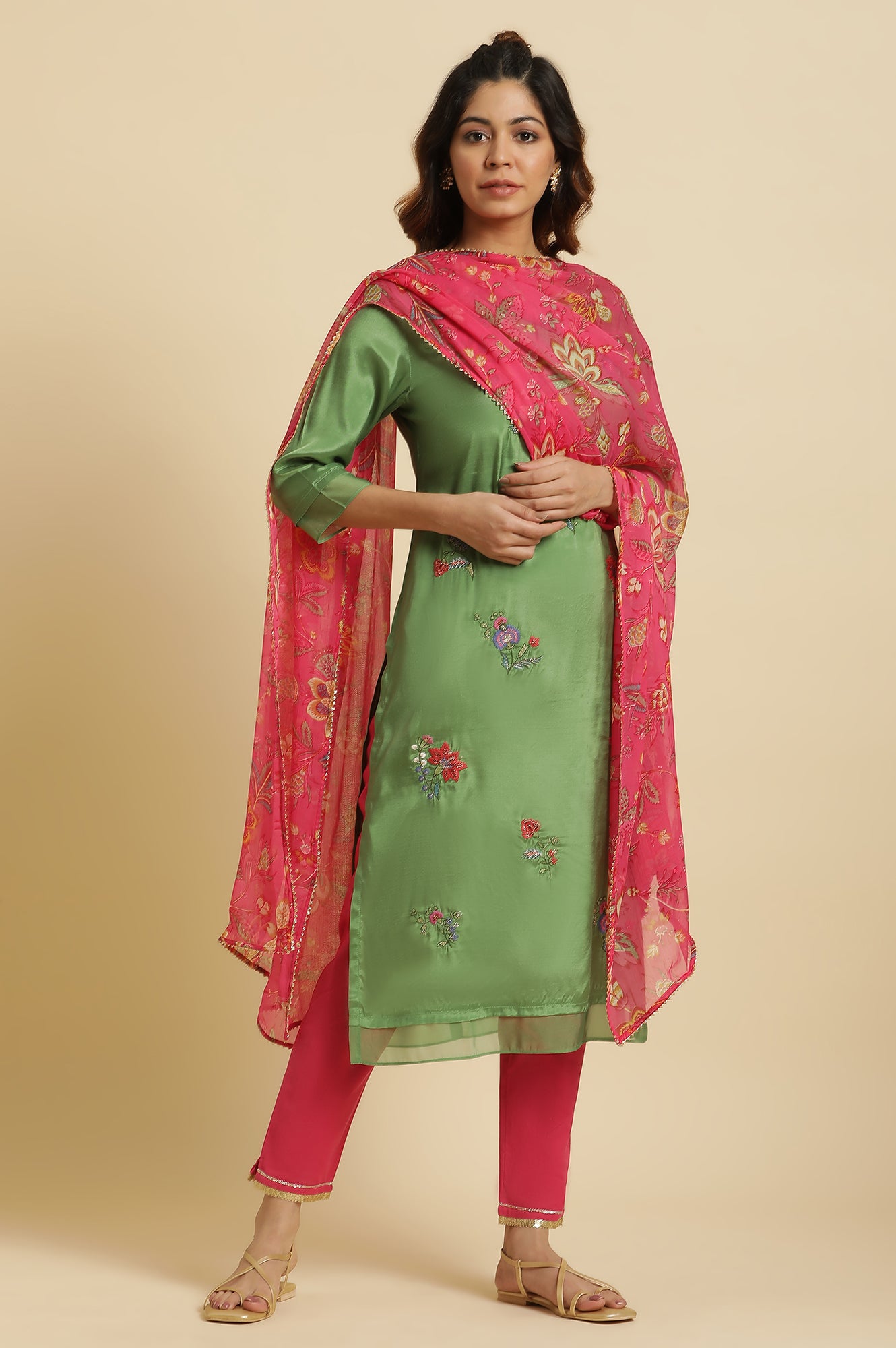 Green Embroidered Shantun Festive Kurta