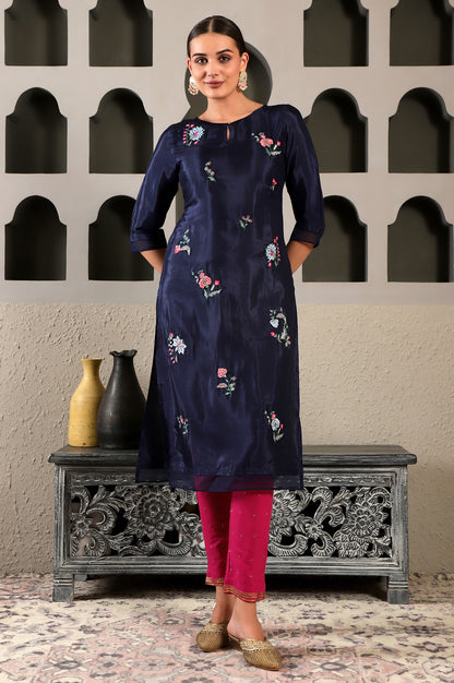 Navy Blue Chintz Motifs Embroidered Shantung kurta