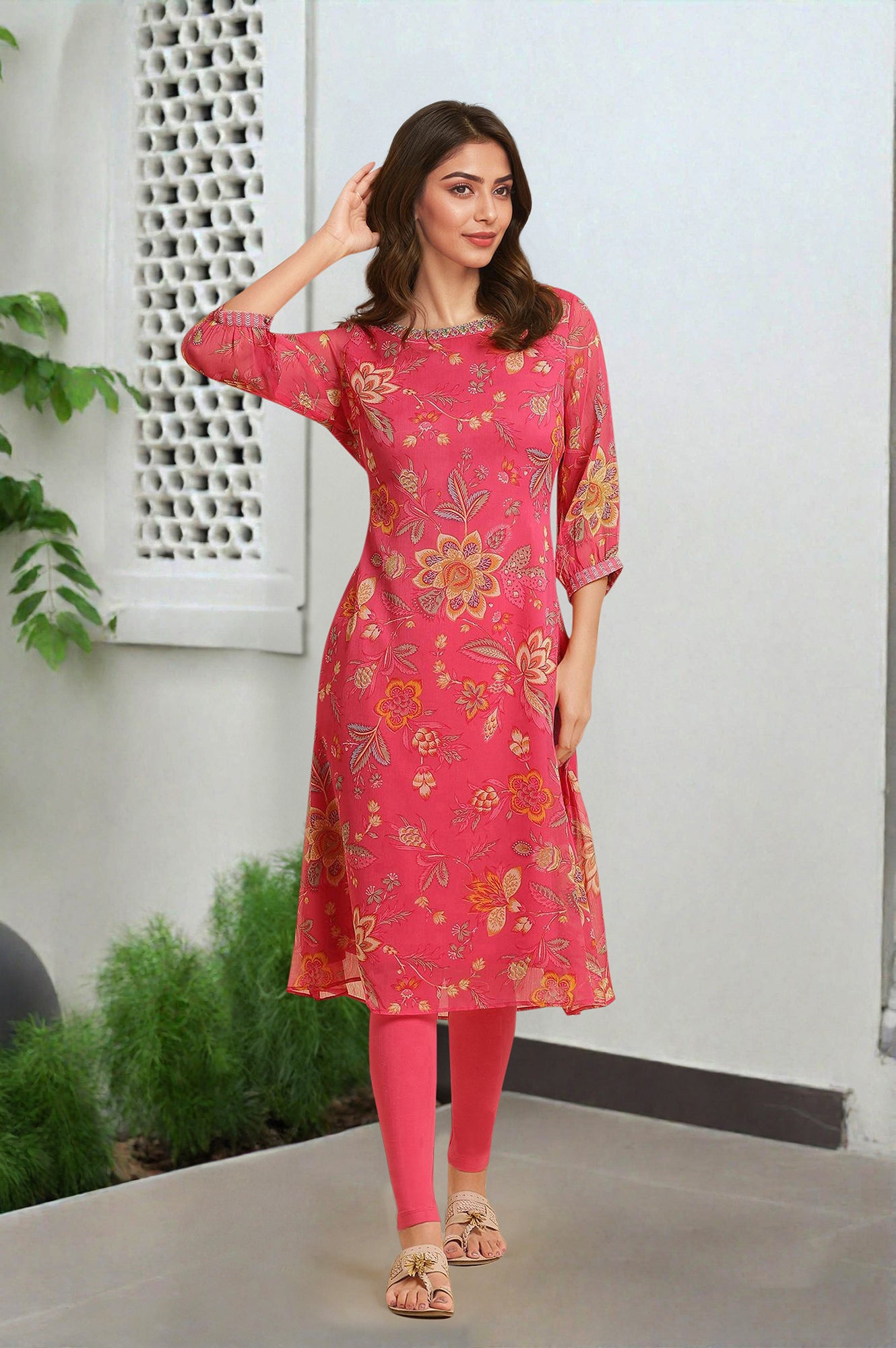 Pink Chiffon Printed Kurta With Multi-Coloured Floral Embroidery