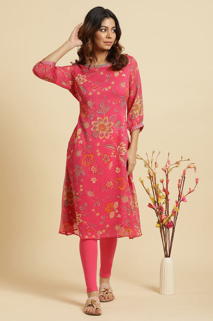 Pink Chiffon Printed Kurta with Multi-coloured Floral Embroidery - wforwoman