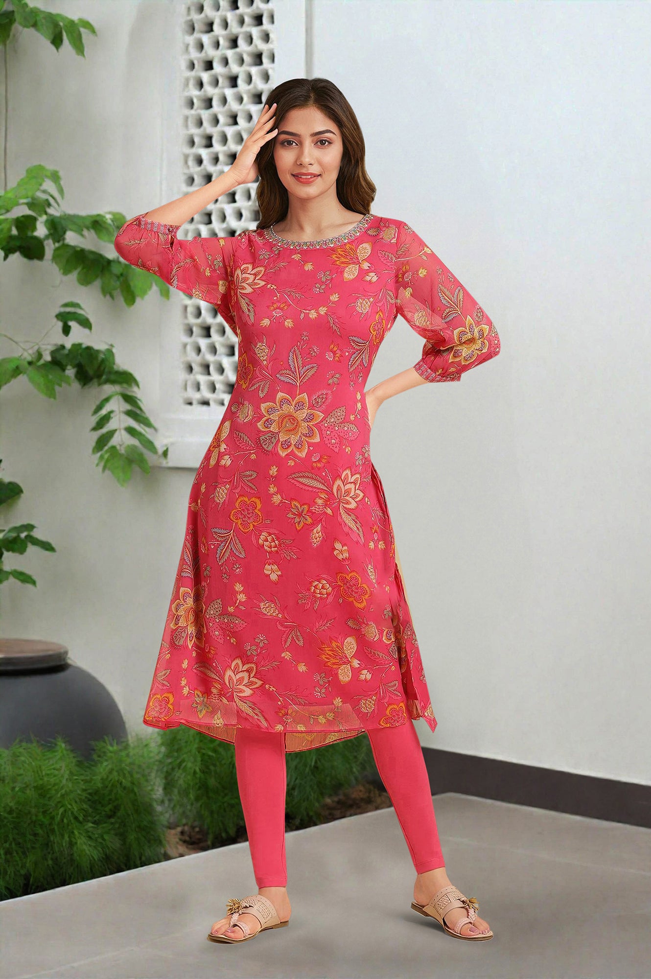 Pink Chiffon Printed Kurta With Multi-Coloured Floral Embroidery