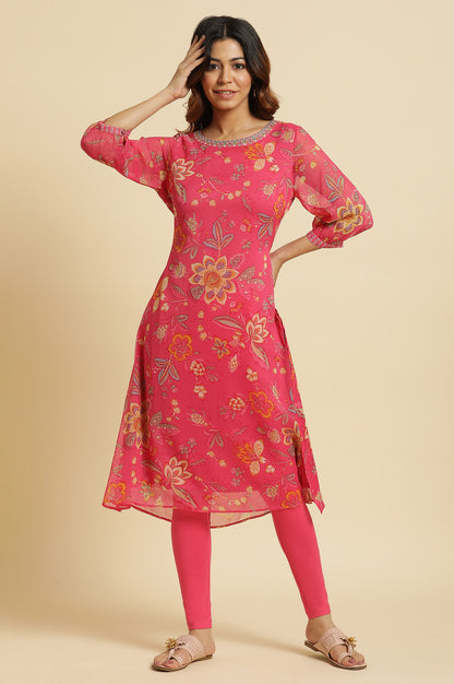 Pink Chiffon Printed Kurta with Multi-coloured Floral Embroidery - wforwoman