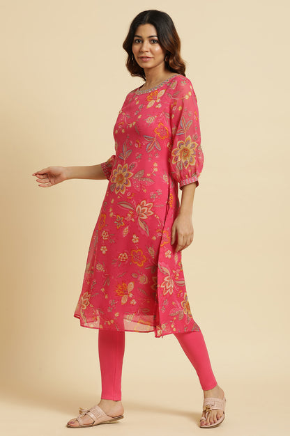 Pink Chiffon Printed Kurta with Multi-coloured Floral Embroidery - wforwoman