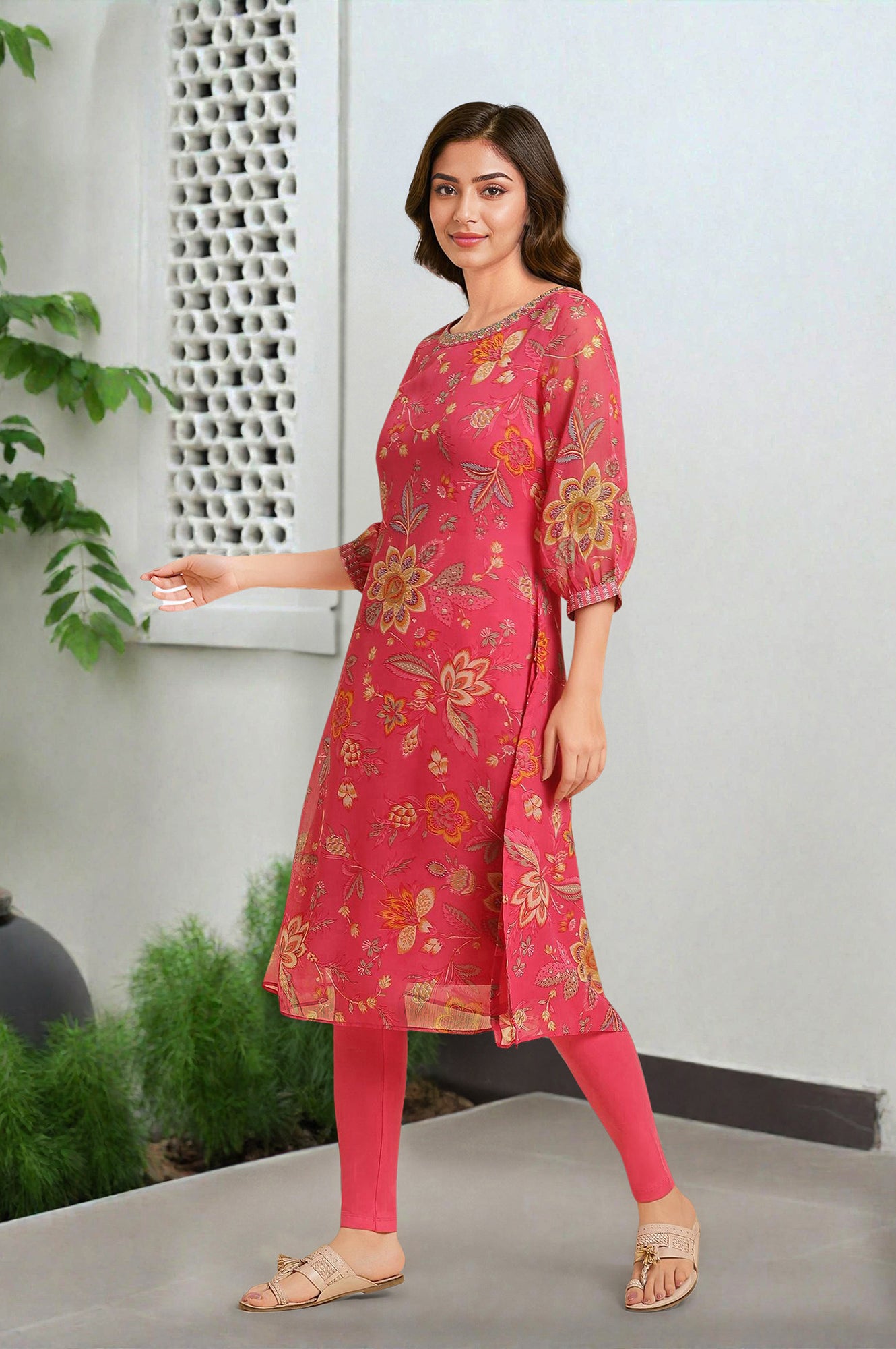 Buy Pink Chiffon Printed Kurta With Multi-Coloured Floral Embroidery @ 2299 | W for woman – wforwoman
