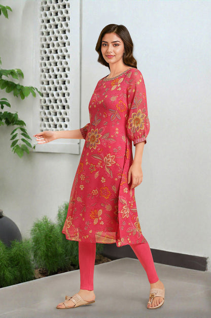 Pink Chiffon Printed Kurta With Multi-Coloured Floral Embroidery