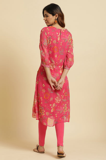 Pink Chiffon Printed Kurta with Multi-coloured Floral Embroidery - wforwoman