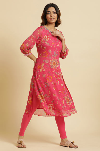 Pink Chiffon Printed Kurta with Multi-coloured Floral Embroidery - wforwoman