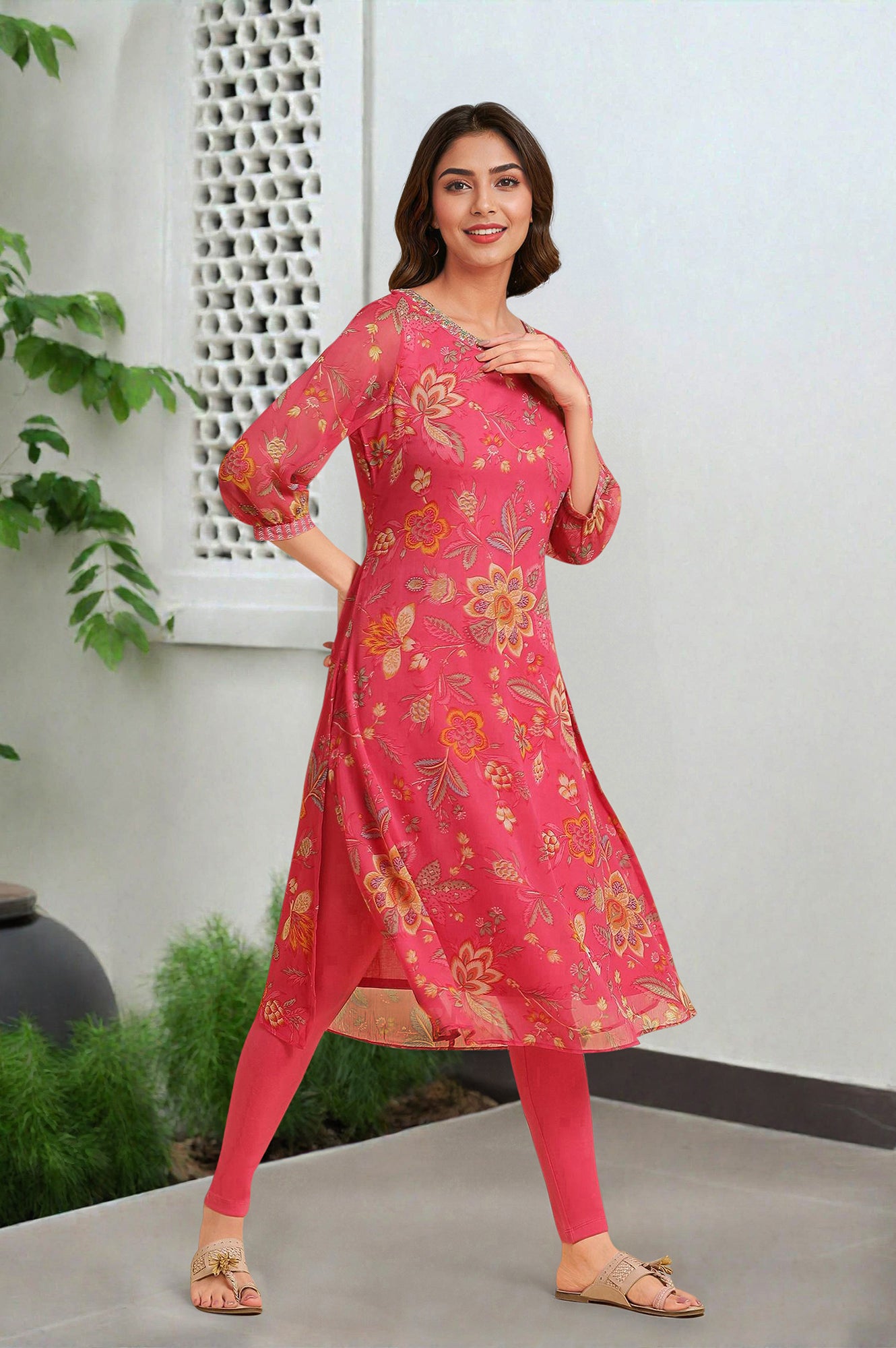 Buy Pink Chiffon Printed Kurta With Multi-Coloured Floral