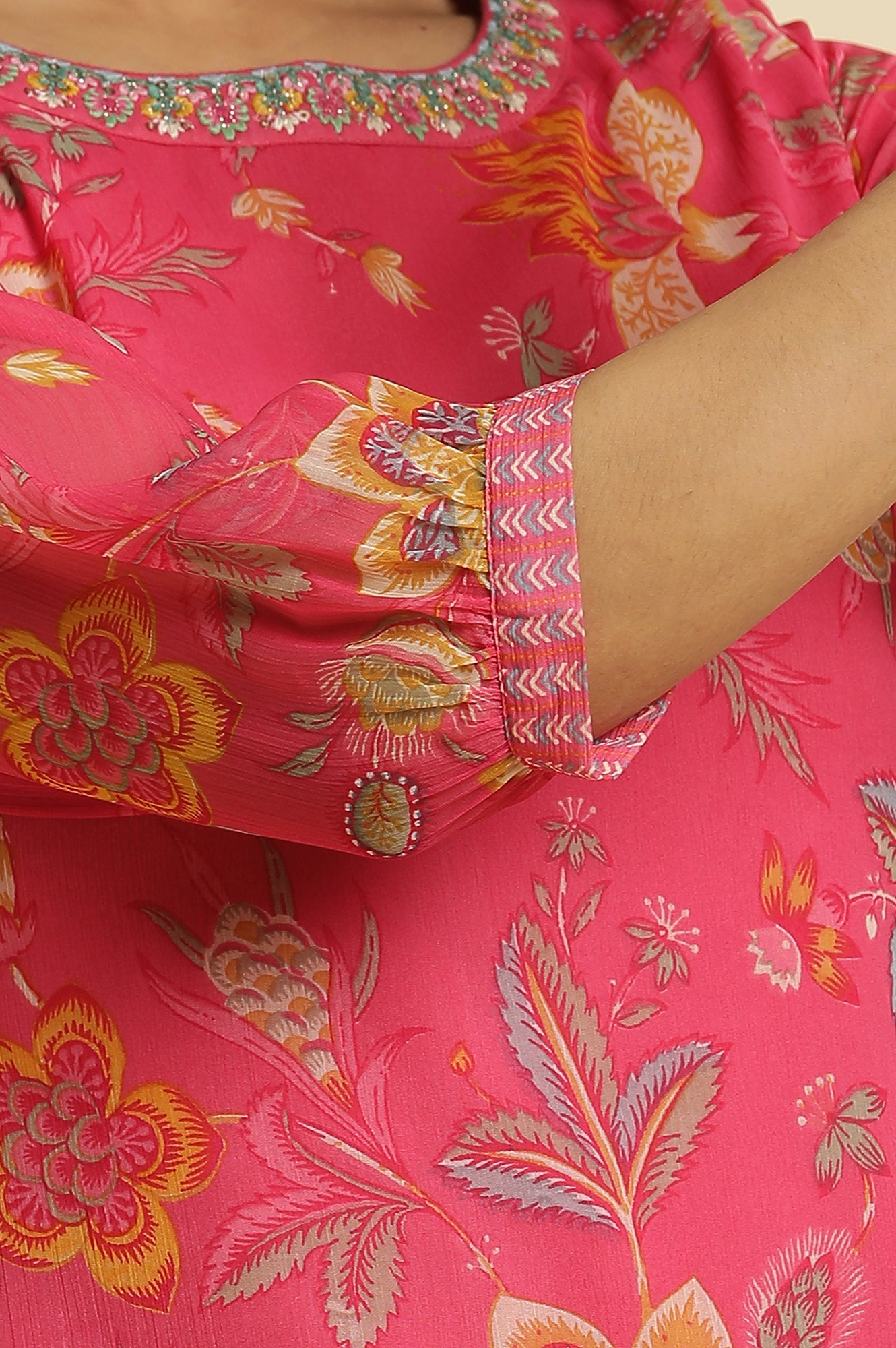 Pink Chiffon Printed Kurta with Multi-coloured Floral Embroidery - wforwoman