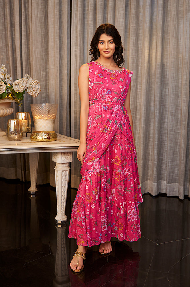 Pink Floral Printed Pre-Stitch Sharara Saree