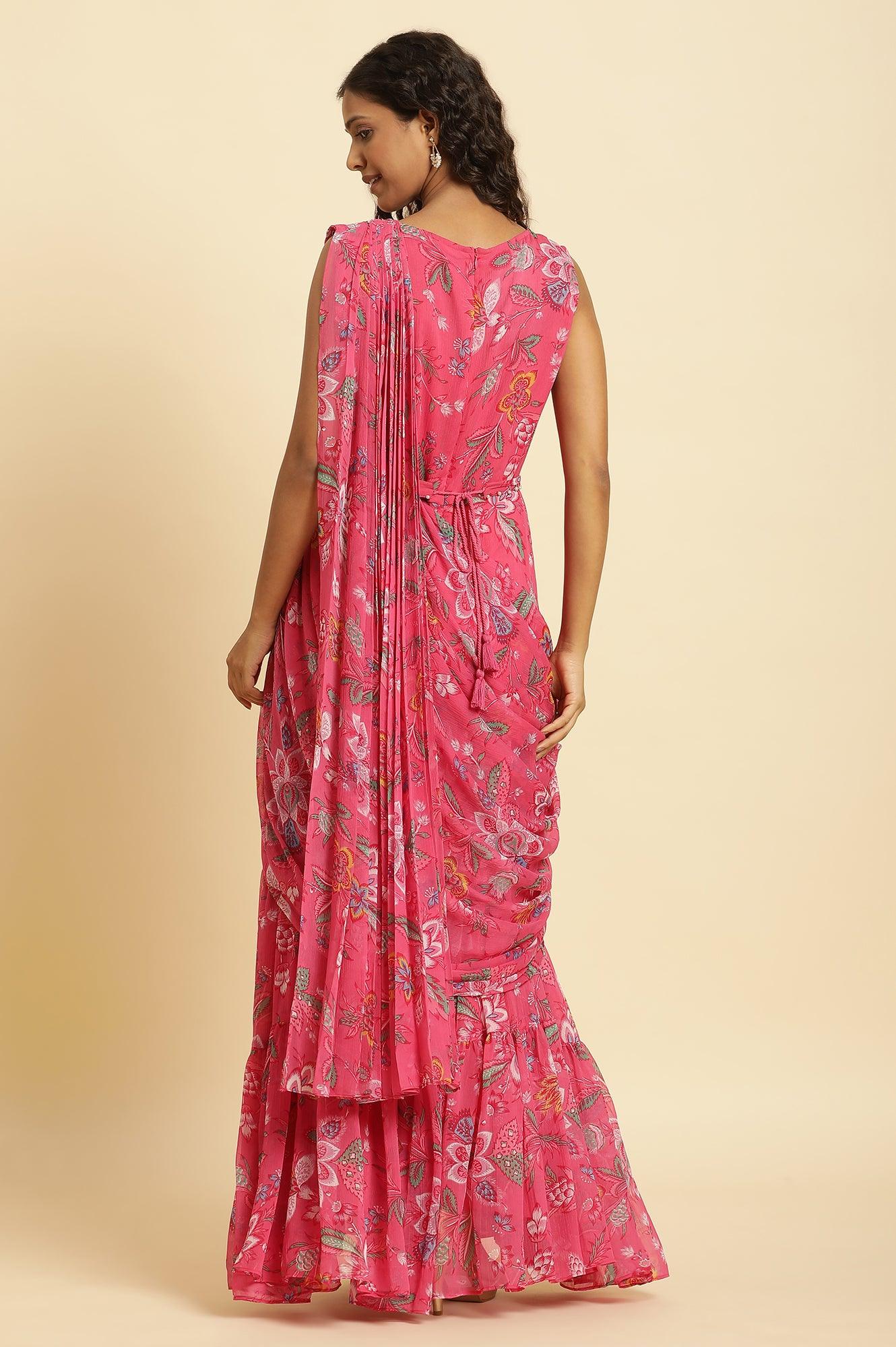 Pink Floral Printed Pre-Stitch Sharara Saree - wforwoman