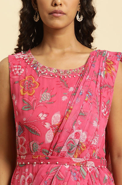 Pink Floral Printed Pre-Stitch Sharara Saree - wforwoman