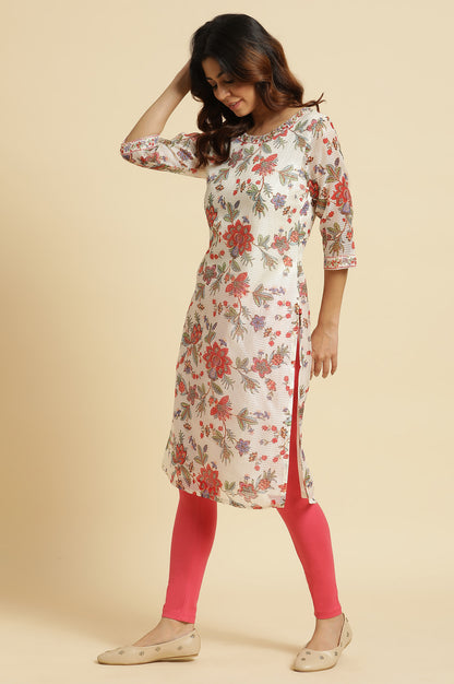 Ecru Kota Kurta With Multi-Coloured Floral Print