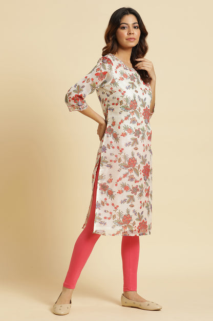 Ecru Kota Kurta With Multi-Coloured Floral Print