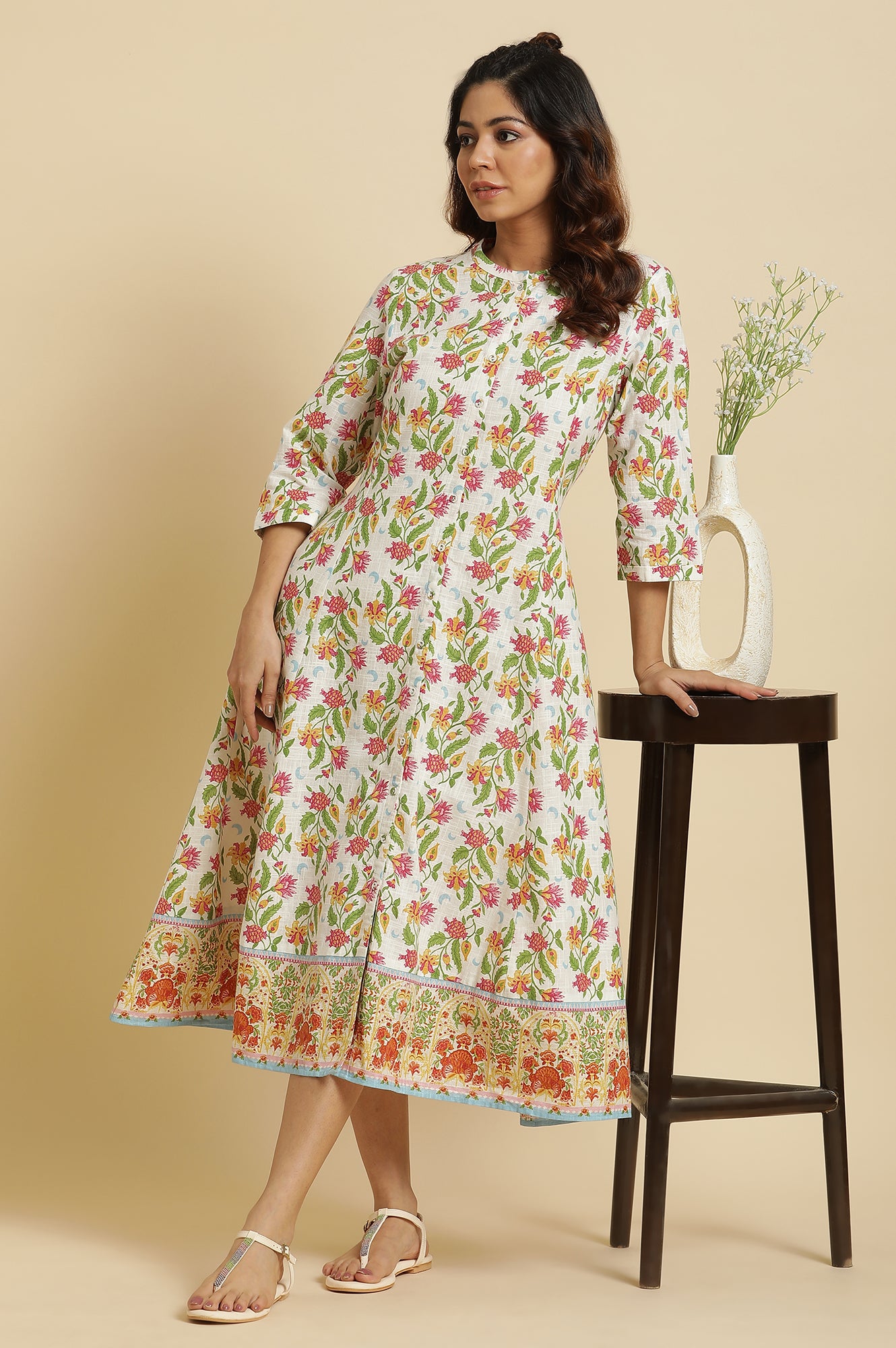 White Flared Dress In Multi-Coloured Floral Print - wforwoman