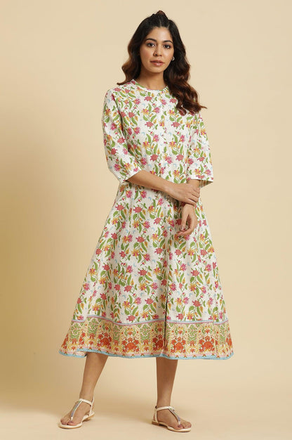 White Flared Dress In Multi-Coloured Floral Print - wforwoman