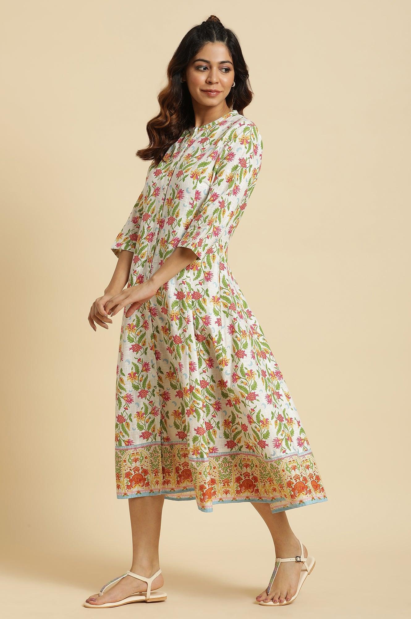 White Flared Dress In Multi-Coloured Floral Print - wforwoman