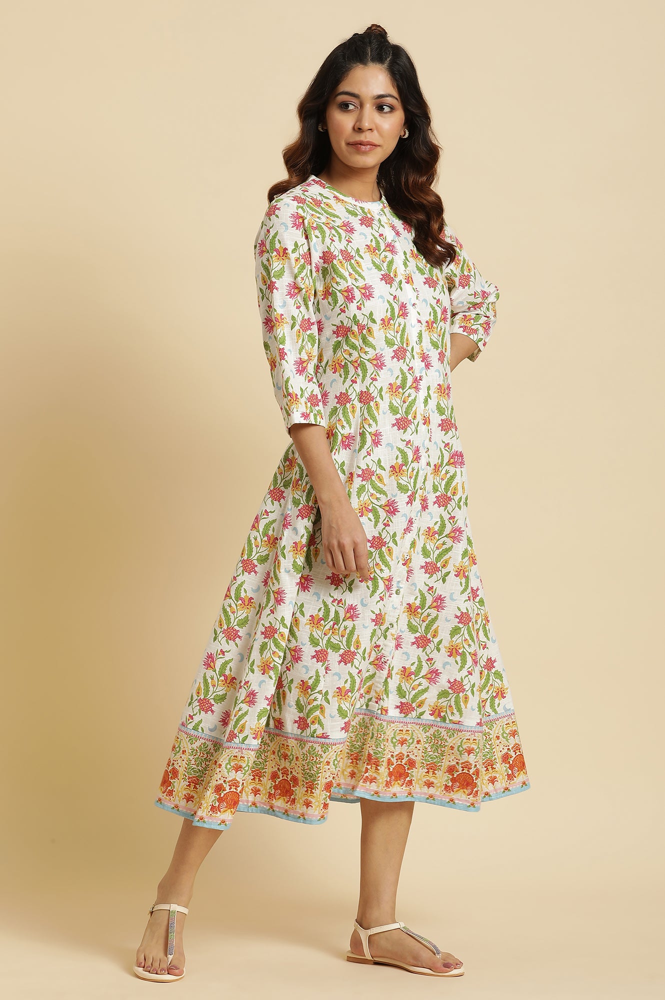 White Flared Dress In Multi-Coloured Floral Print - wforwoman