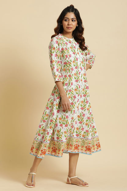 White Flared Dress In Multi-Coloured Floral Print - wforwoman