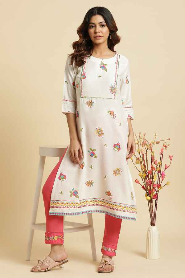 White Straight Kurta with Multi-coloured Floral Print