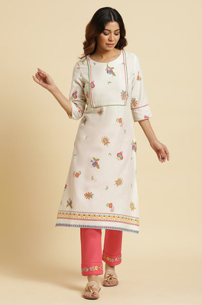 White Straight Kurta with Multi-coloured Floral Print - wforwoman