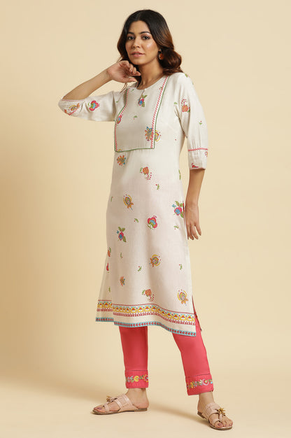 White Straight Kurta with Multi-coloured Floral Print - wforwoman