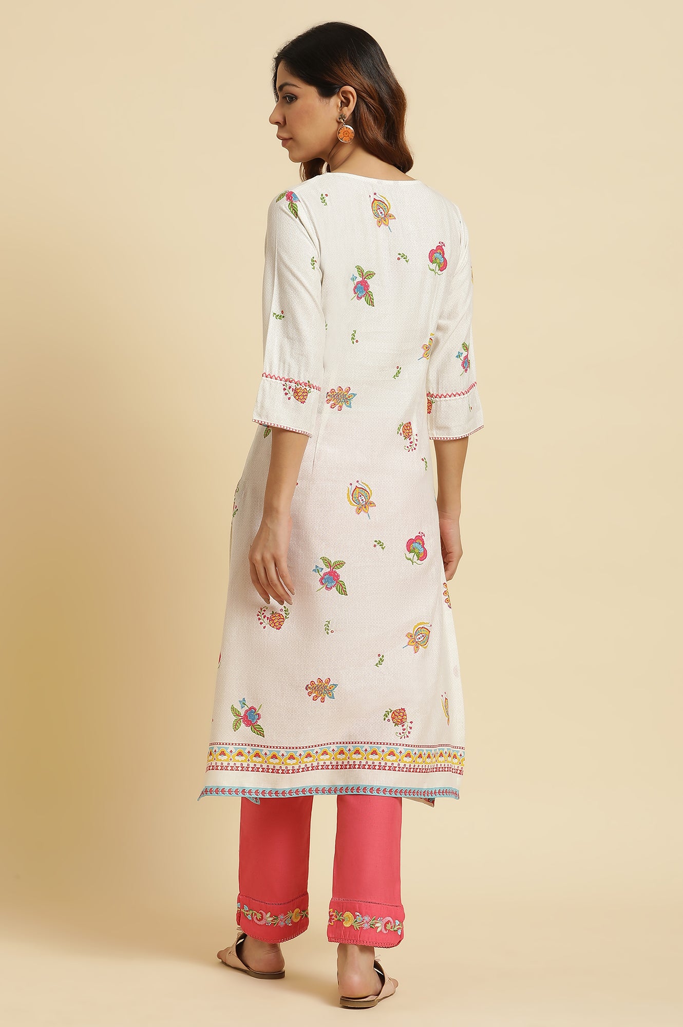 White Straight Kurta with Multi-coloured Floral Print - wforwoman