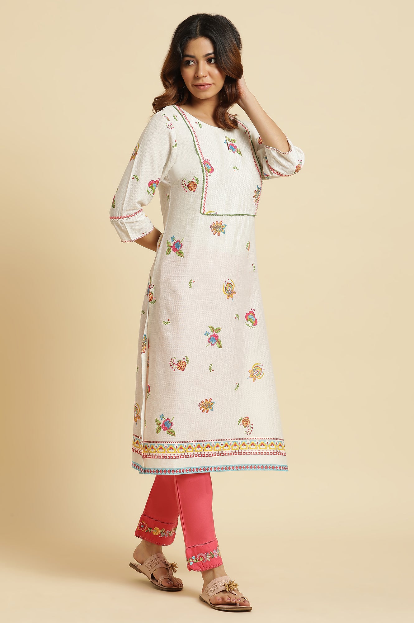 White Straight Kurta with Multi-coloured Floral Print - wforwoman