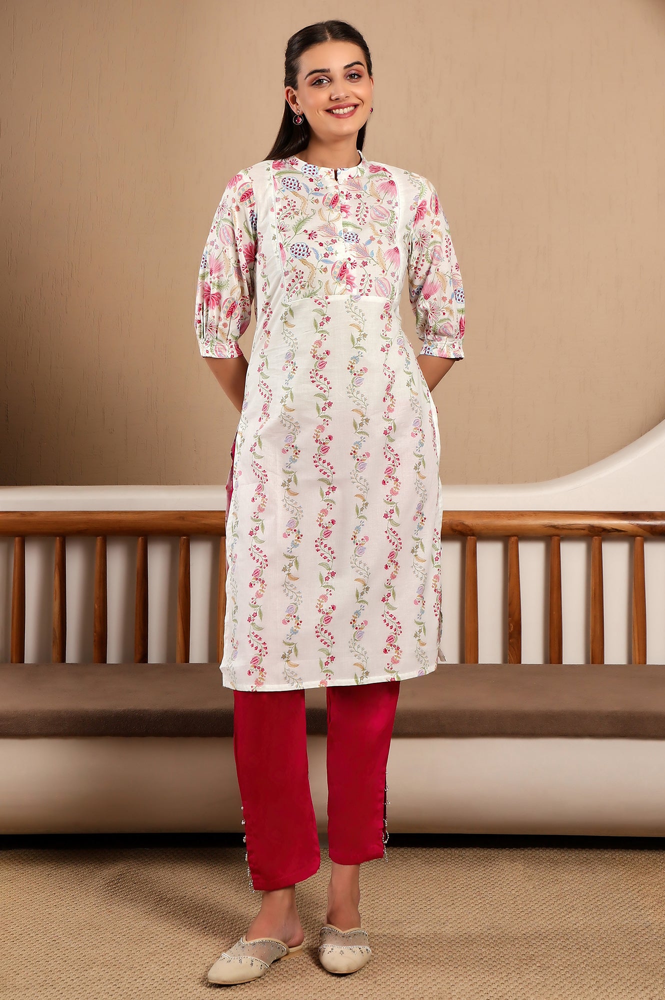 White Floral Printed Pure Cotton Straight Kurta with Gathered Sleeves