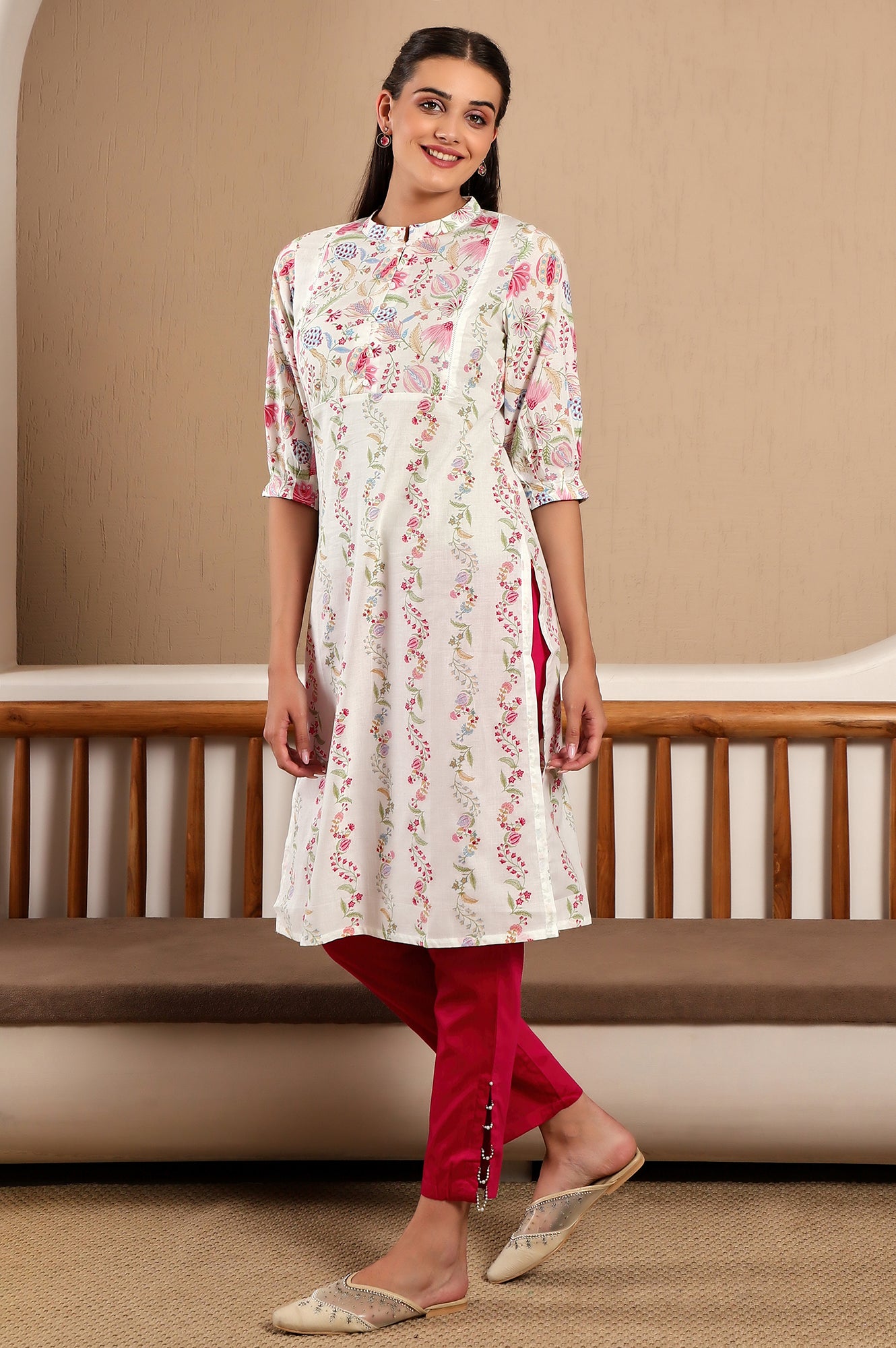 White Floral Printed Pure Cotton Straight Kurta with Gathered Sleeves