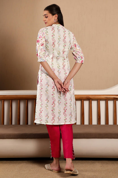 White Floral Printed Pure Cotton Straight Kurta with Gathered Sleeves
