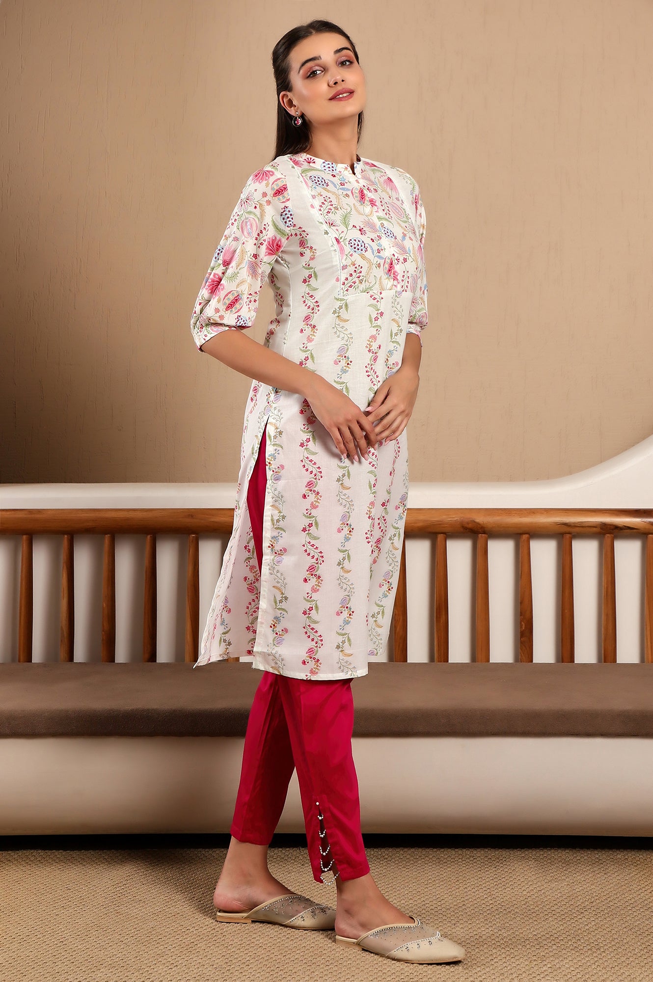 White Floral Printed Pure Cotton Straight Kurta with Gathered Sleeves