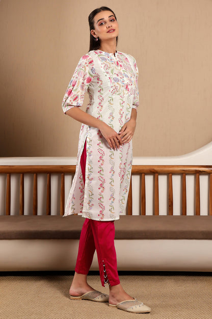 White Floral Printed Pure Cotton Straight Kurta with Gathered Sleeves