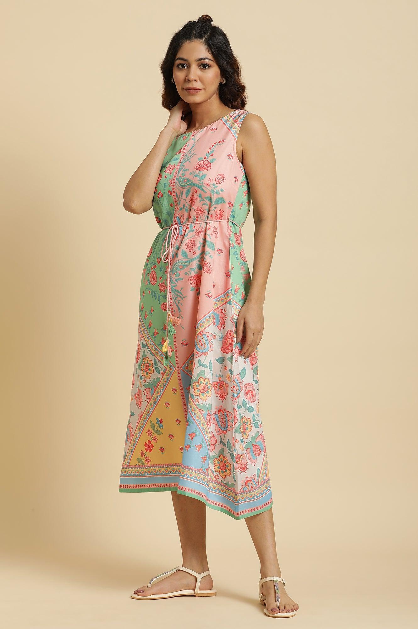 Multi-Coloured Floral Printed Sleeveless Dress - wforwoman