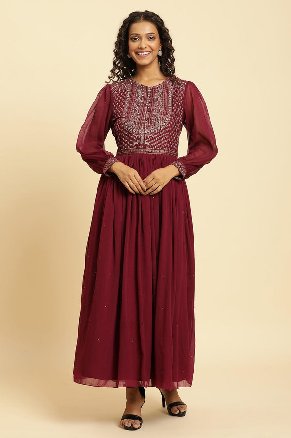 Wine Heavily Embroidered Festive Dress