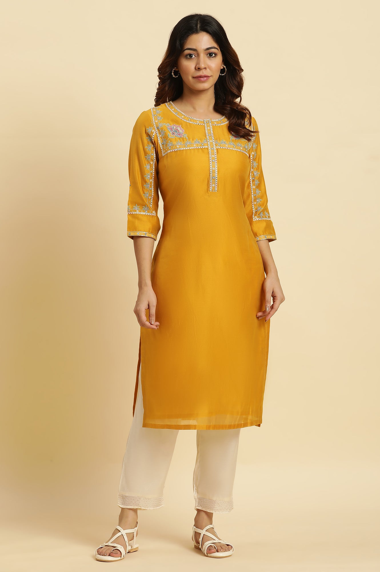 Yellow Embroidered Festive Straight Kurta - wforwoman