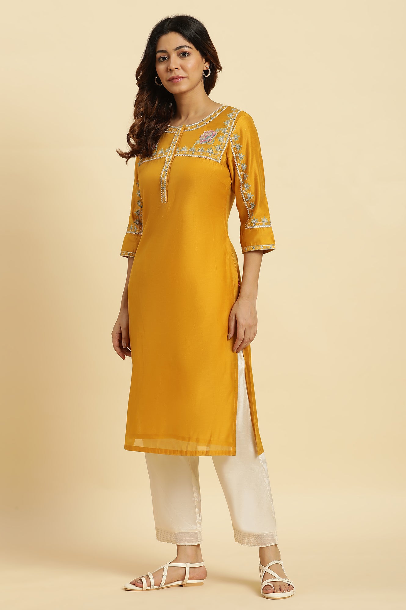 Yellow Embroidered Festive Straight Kurta - wforwoman