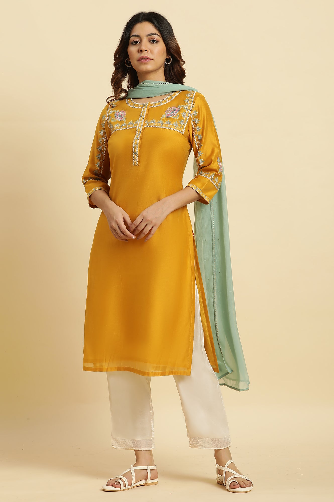 Yellow Embroidered Festive Straight Kurta - wforwoman