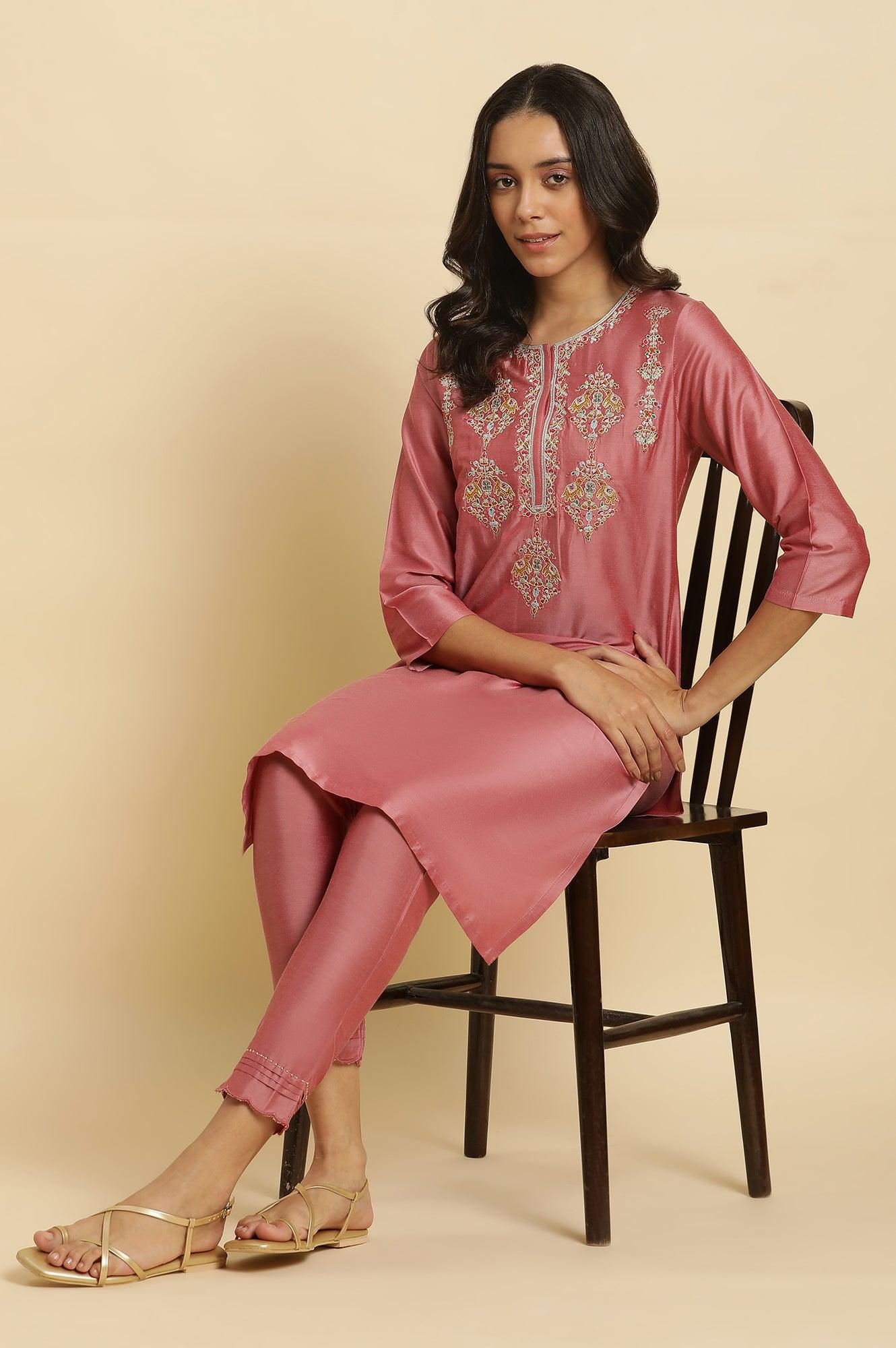 Pink Embroidered Relaxed Fit Kurta - wforwoman