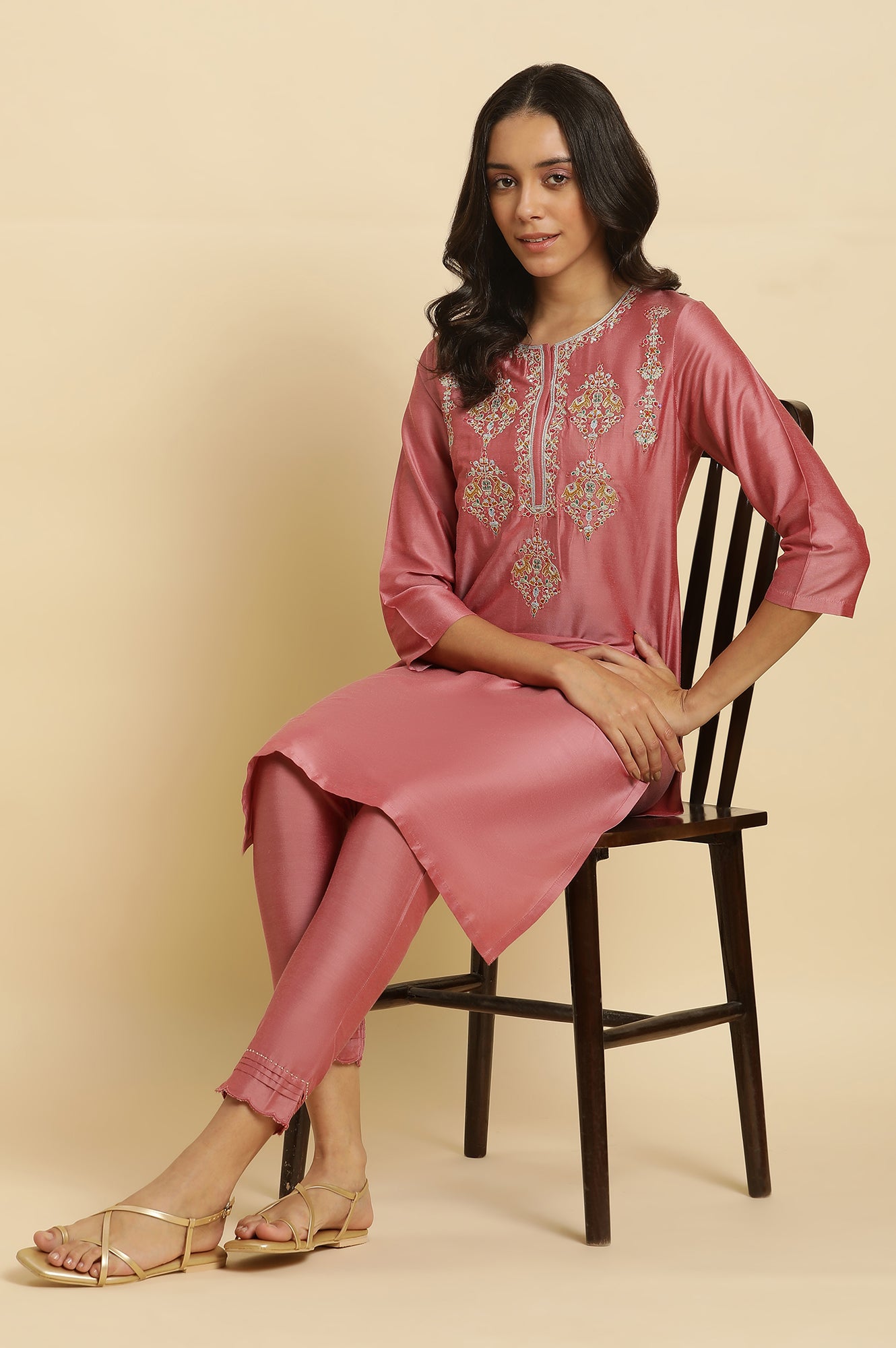 Pink Embroidered Relaxed Fit Kurta - wforwoman