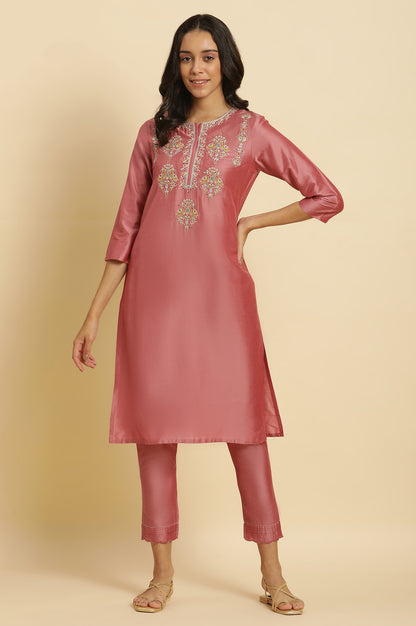 Pink Embroidered Relaxed Fit Kurta - wforwoman